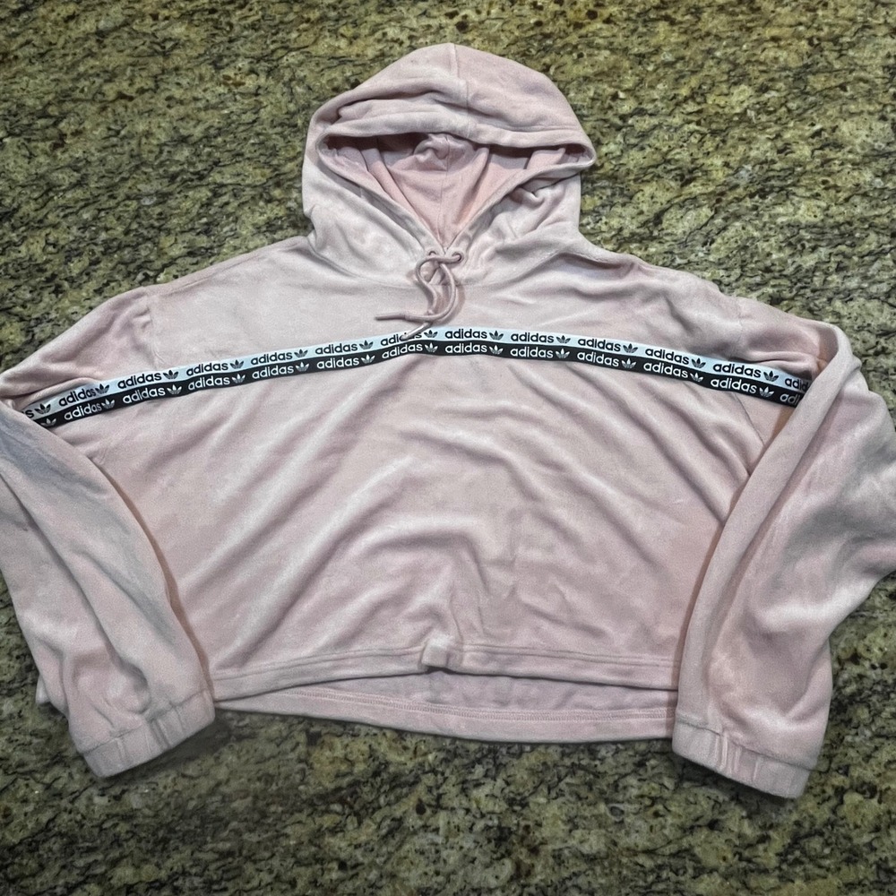 Adidas Originals Women Pink Velour Cropped Hoodie Logo Tape Trefoil XL